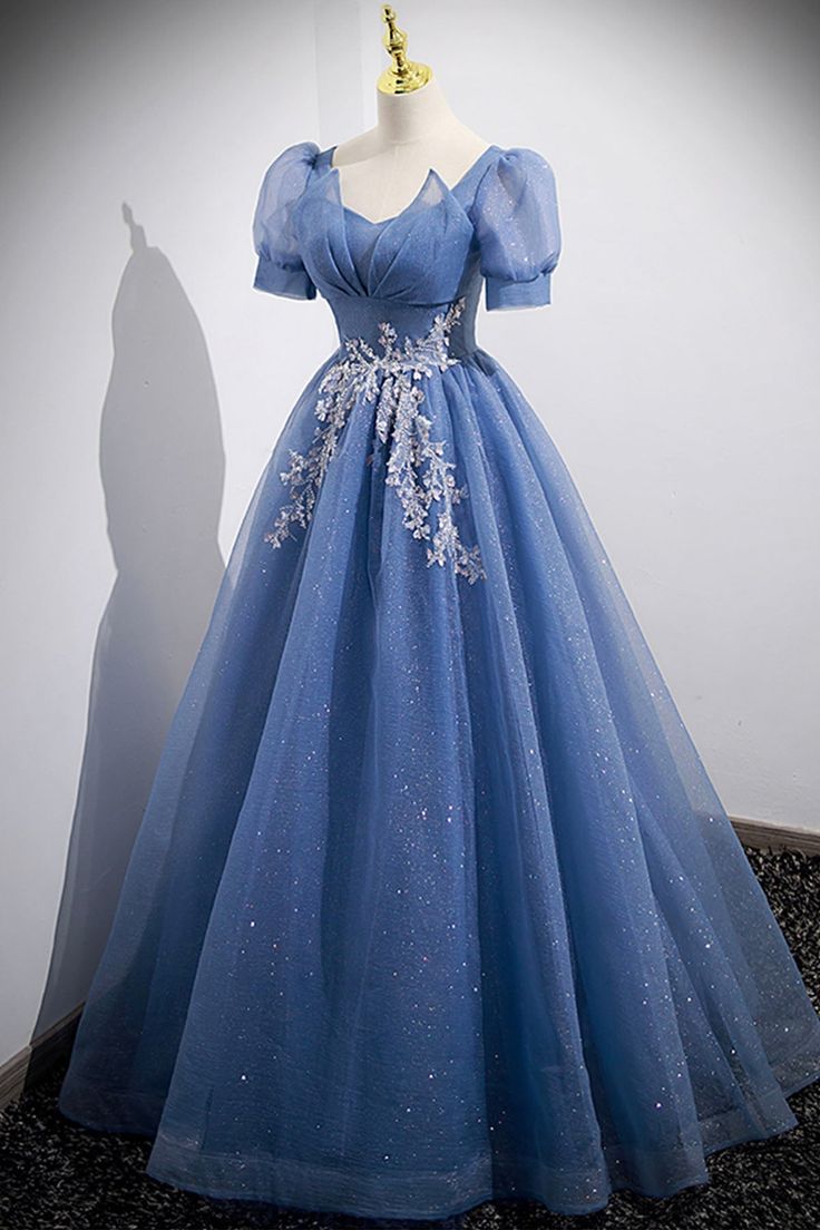 Tulle Lace Floor Length Prom Dress, Short Sleeve Evening Dress fg6424