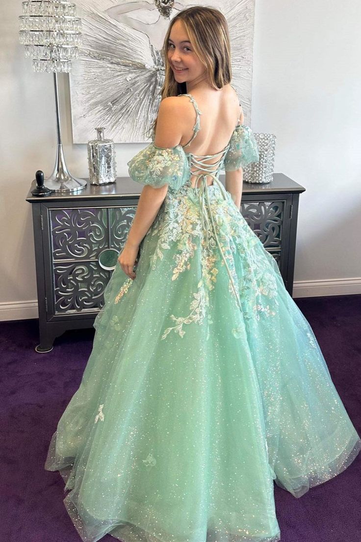 prom dress with detachable sleeves Detachable Puff Sleeve Prom Dress Tulle Long Evening Dresses ARD2678