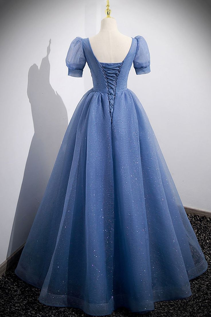 Tulle Lace Floor Length Prom Dress, Short Sleeve Evening Dress fg6424