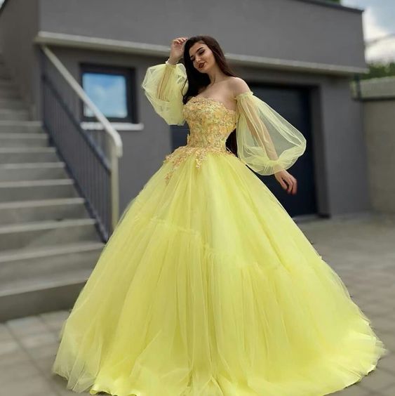 A line Tulle Long Prom Dress, Yellow Ball Gown Evening Dress fg6047
