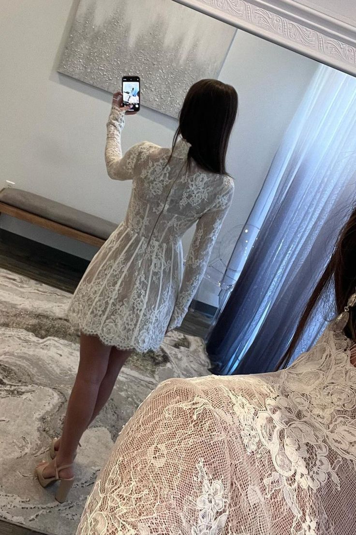 A Line Lace Homecoming Dress With Long Sleeves fg6033