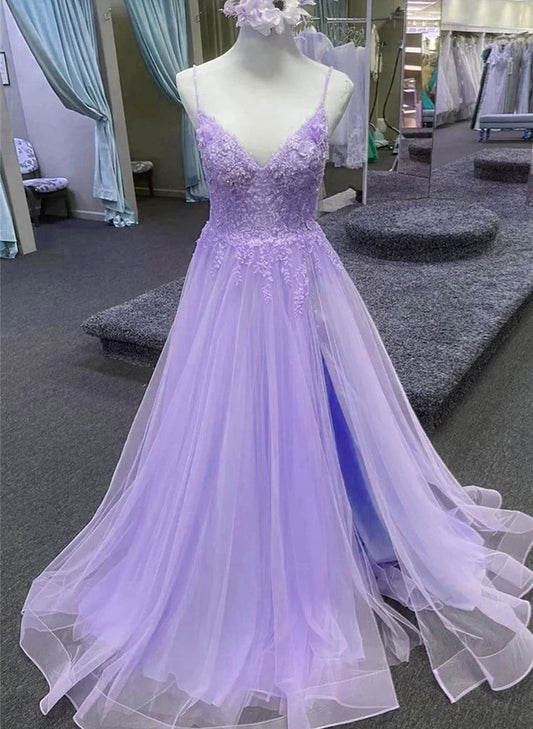Robe de bal trapèze violet clair en tulle et dentelle, robe de soirée longue violet clair fg5415