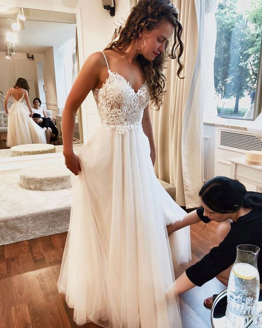 Robe de mariée longue vintage en tulle et dentelle, coupe trapèze, fg5984