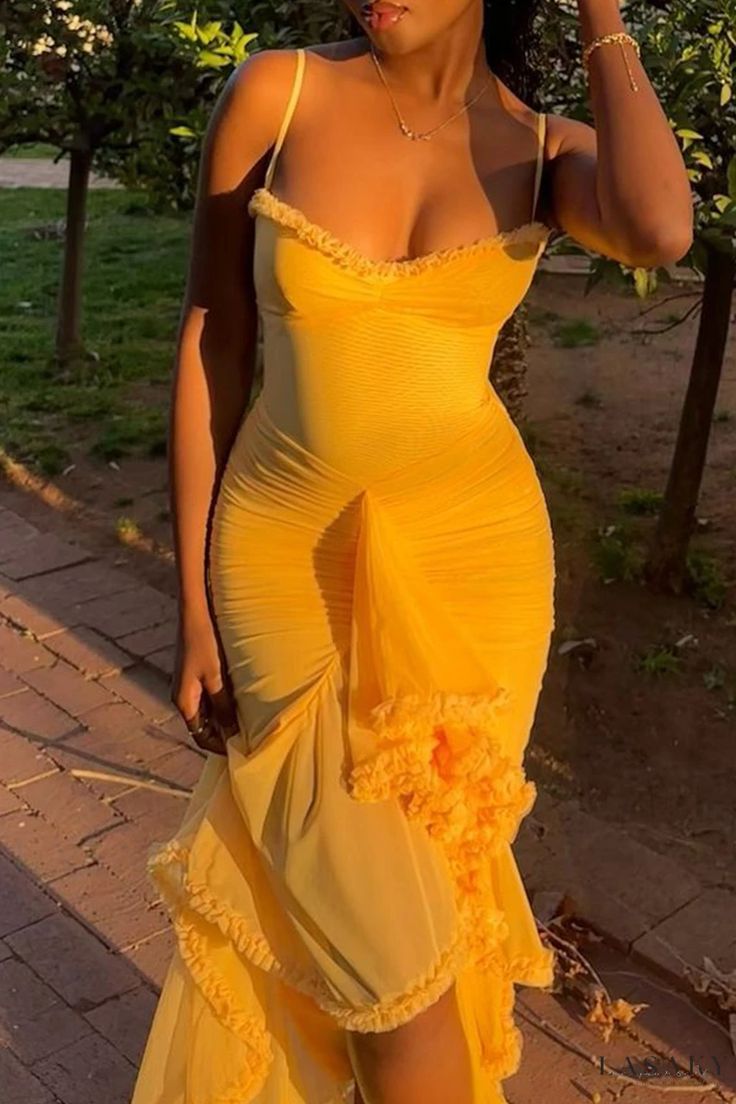 Romantisches Maxikleid mit Rüschen und hohem, niedrigem Schnitt, bezauberndes Abend- und Partykleid fg7758