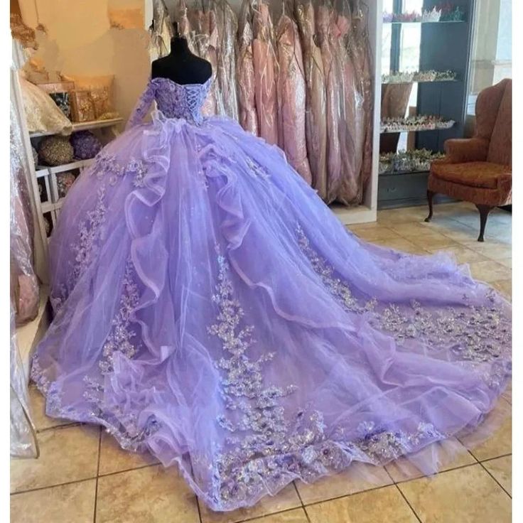 15 dresses in purple Lilac Quinceanera Dresses Long Sleeve 3D Flowers Appliques Lace-Up Pro – formalgowns