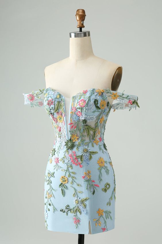 Blue Floral of the Shoulder Corset Short Homecoming Dress with Embroid formalgowns Blue Floral of the Shoulder Corset Short Homecoming Dress with Embroid formalgowns