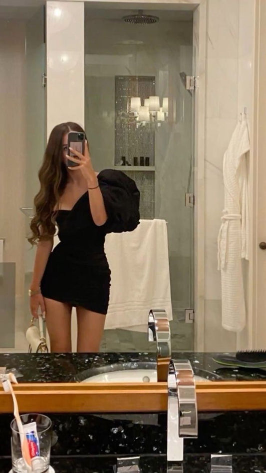 Robe de soirée moulante noire asymétrique fg6553