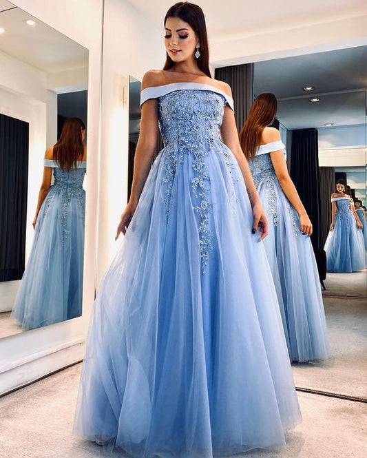Robe de soirée longue en tulle avec appliques et épaules dénudées, fg6741