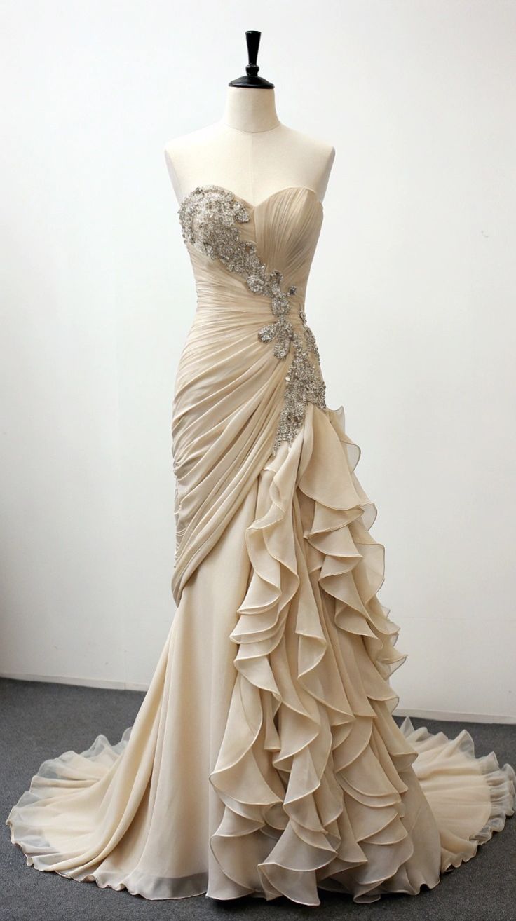 Vintage Mermaid Strapless Champagne Chiffon Prom Dresses Wedding Dress – formalgowns Vintage Mermaid Strapless Champagne Chiffon Prom Dresses Wedding Dress – formalgowns