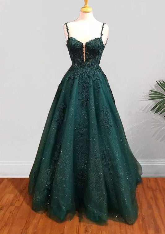 Robe de bal trapèze longue en tulle à bretelles spaghetti et appliqués de perles et paillettes (fg6754)