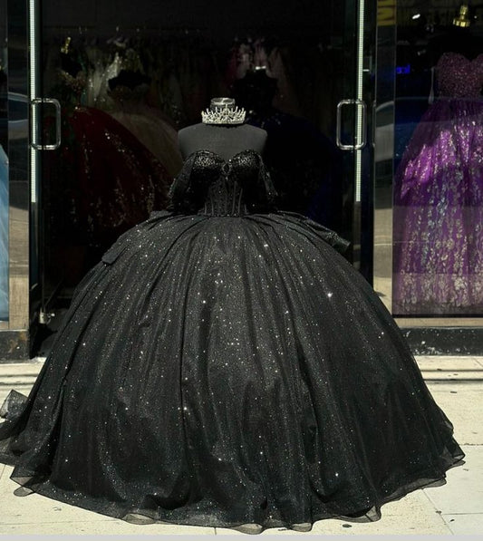 Robe de bal noire brillante avec nœud en cristal et perles, tenue de quinceanera, fg6632
