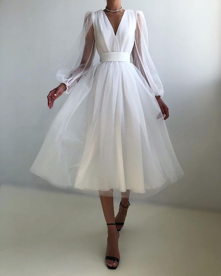 Robe de soirée courte trapèze, col en V, manches longues bouffantes, tulle, robe de bal formelle pour remise de diplôme, fg2856