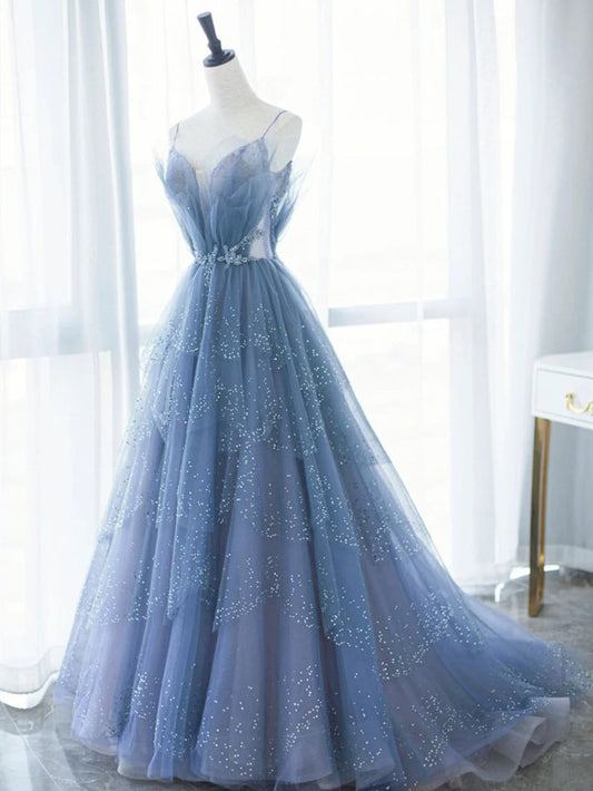 Magnifique robe de bal longue en tulle bleu à col en V, robe de soirée trapèze en tulle fg5394