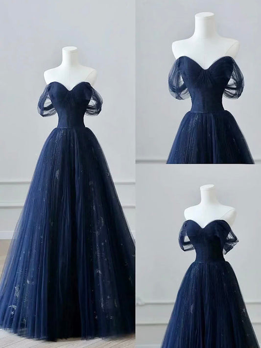Robe de bal longue bleu foncé en tulle et dentelle, coupe trapèze, épaules dénudées, robe de soirée longue bleu foncé fg6743