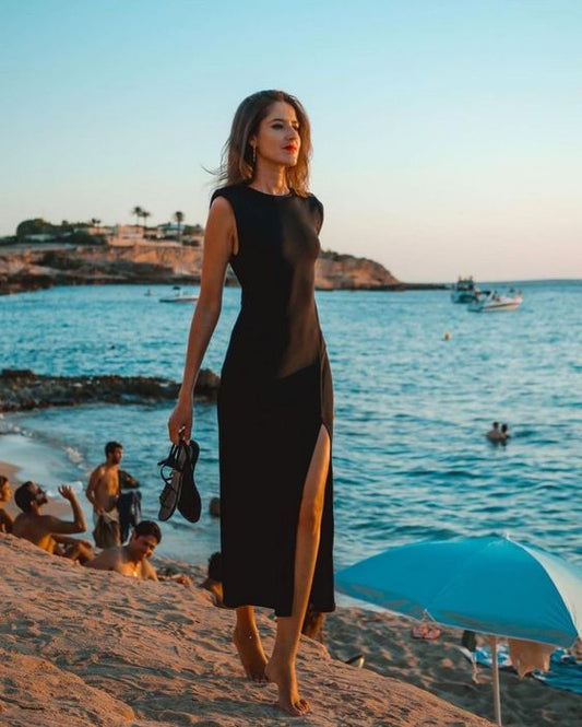 Robe de soirée longue noire sans manches, robe tendance fg5963