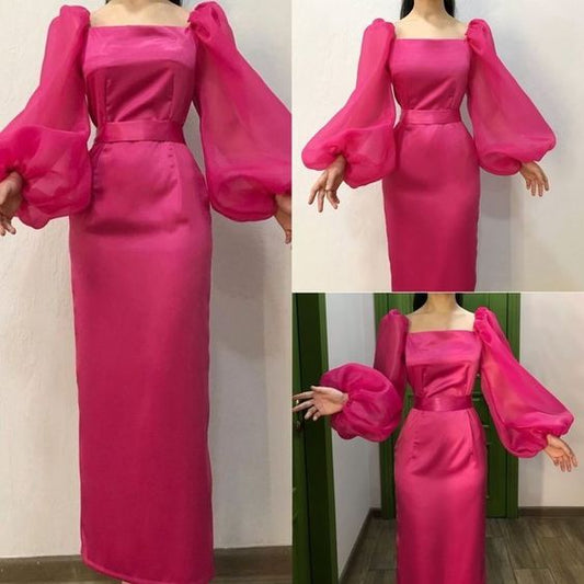 Robe de soirée à encolure carrée et manches longues en tulle pour femme, fg6231