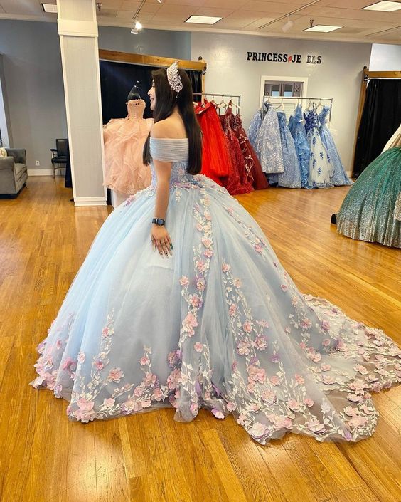 Hellblaues Puffy Ballkleid Quinceanera Kleider Schulterfrei Blumenkorsett Sweet 16 Kleid fg5683