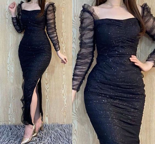 Robe de soirée fourreau noire sexy à épaules dénudées et brillante fg6384