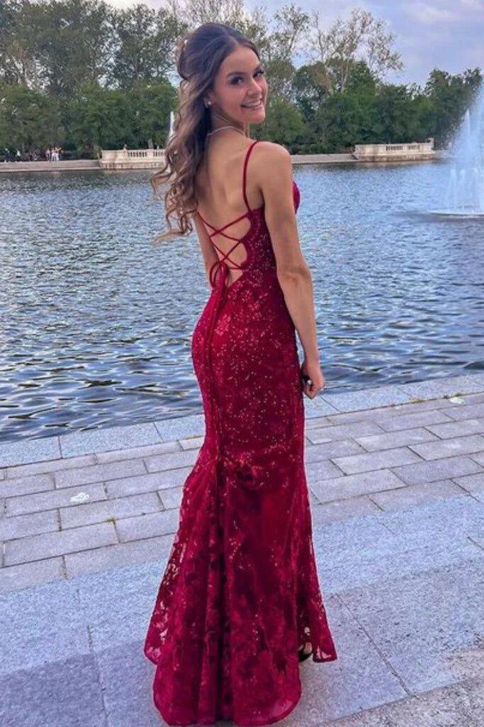 Robe de bal sirène bordeaux en dentelle et paillettes, tenue de soirée fg6922