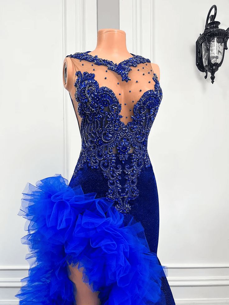 Royal Blue Mermaid Prom Dress Ruffled Evening Dresses with Slit fg7640