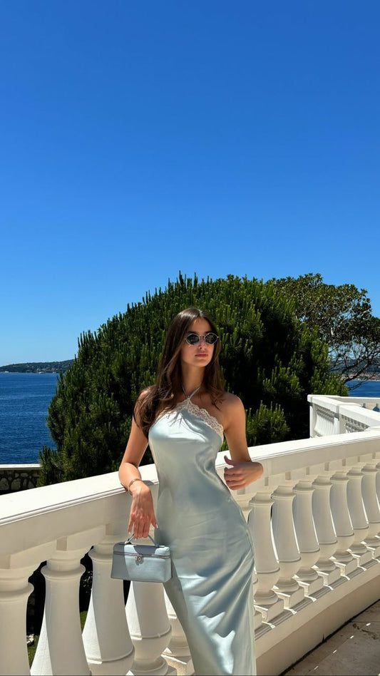 Robe de soirée sirène bleu clair à dos nu, robe de soirée sexy fg6568