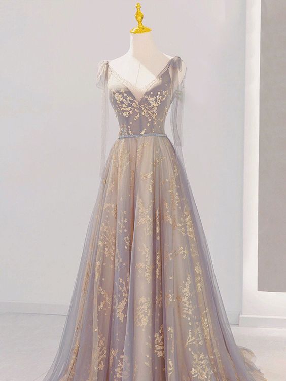 A-Line V Neck Gray Long Prom Dress, Tulle Sequin Lace Long Forma Dresses fg5711