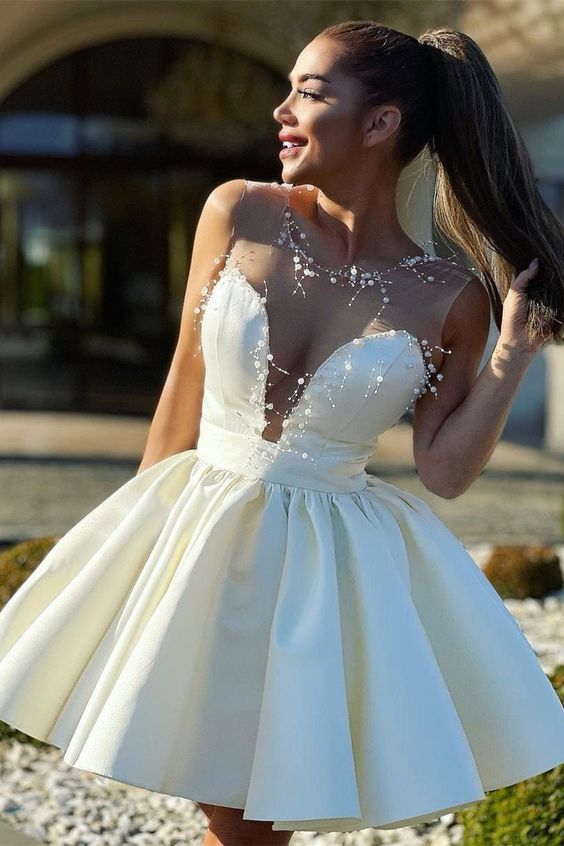 Neues Mini-Heimkehrkleid, transparenter Tüll, Juwel, Herzausschnitt, Satin, Abschlusskleider fg6238