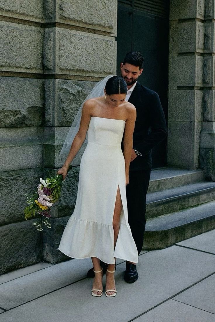Simple Strapless Sleeveless Satin Sheath Midi Wedding Dress With Slit formalgowns Simple Strapless Sleeveless Satin Sheath Midi Wedding Dress With Slit formalgowns