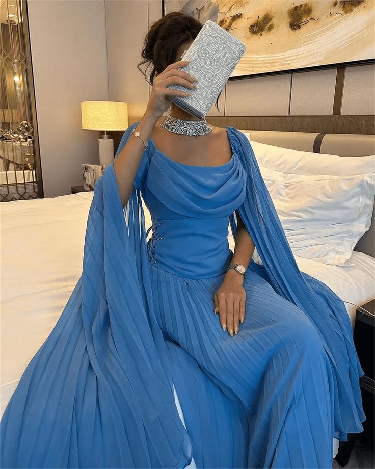 Robe de bal élégante en mousseline bleue, coupe trapèze, longueur cheville, fg6434