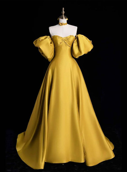 Robe de bal longue en satin jaune et dentelle, magnifique robe de soirée trapèze à épaules dénudées fg6755