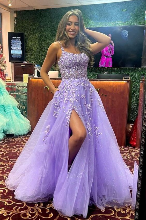 Shiny Purple Lace Long Prom Dress with High Slit, Purple Lace Formal D formalgowns Shiny Purple Lace Long Prom Dress with High Slit, Purple Lace Formal D formalgowns
