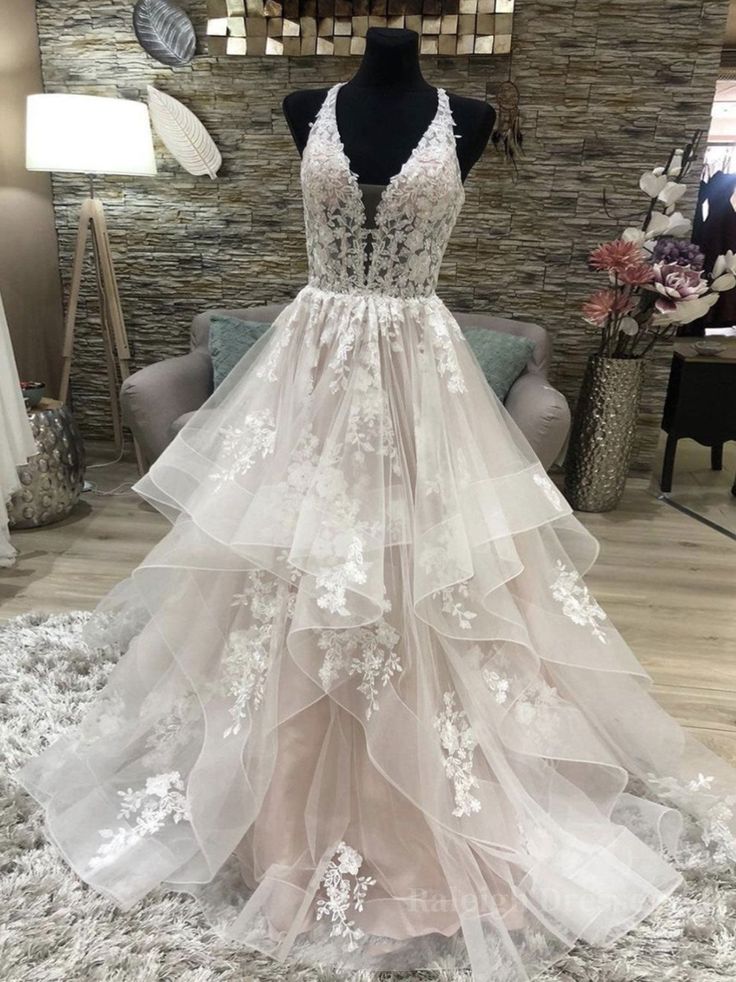v neck tulle lace long prom dress, evening dress fg6169