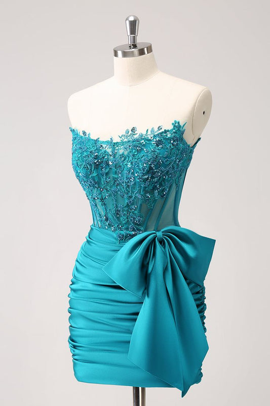 Robe de soirée courte plissée, moulante, sans bretelles, avec nœud fg6263