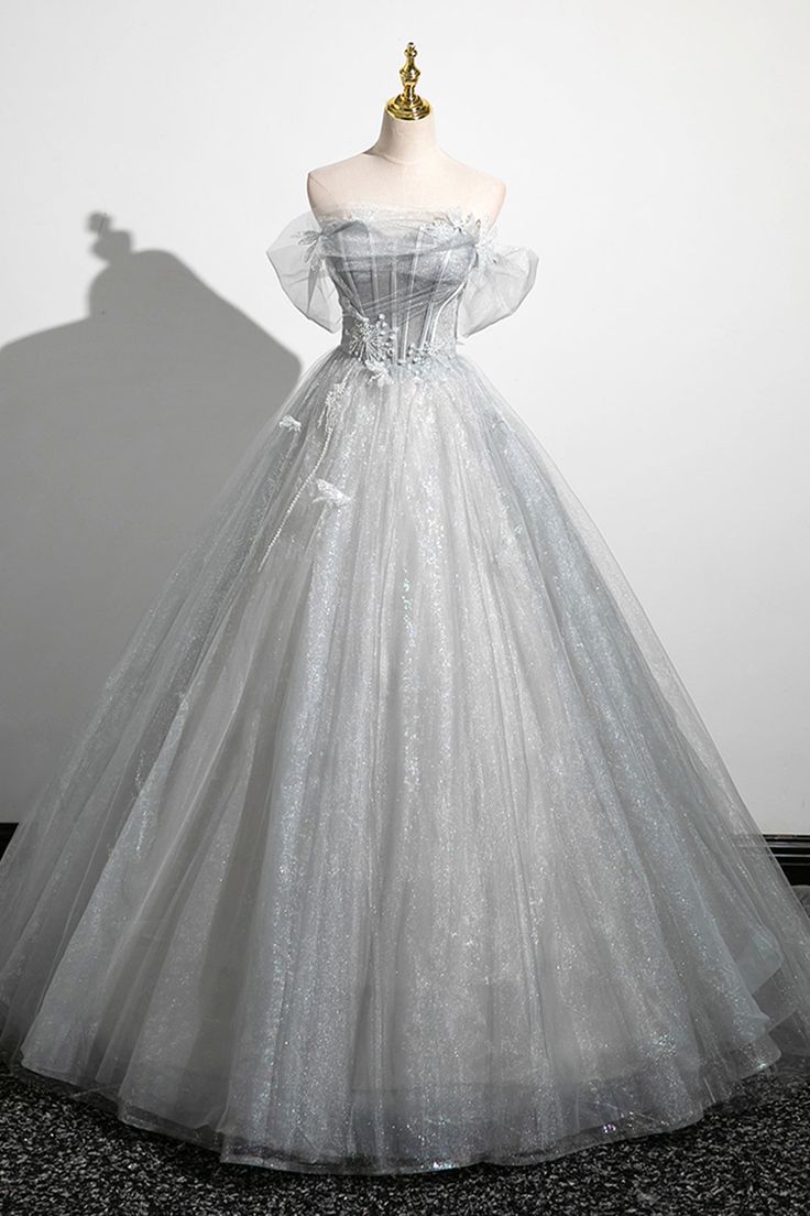 Gray A-Line Off the Shoulder Tulle Prom Dress, Lovely Corset Floor Len formalgowns Gray A-Line Off the Shoulder Tulle Prom Dress, Lovely Corset Floor Len formalgowns
