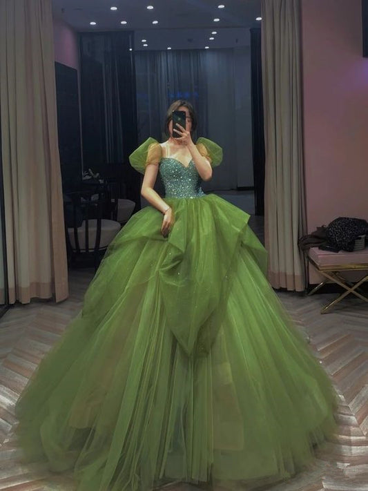 Robe trapèze verte en tulle, longue, robe de bal, manches courtes, robe de soirée fg5449