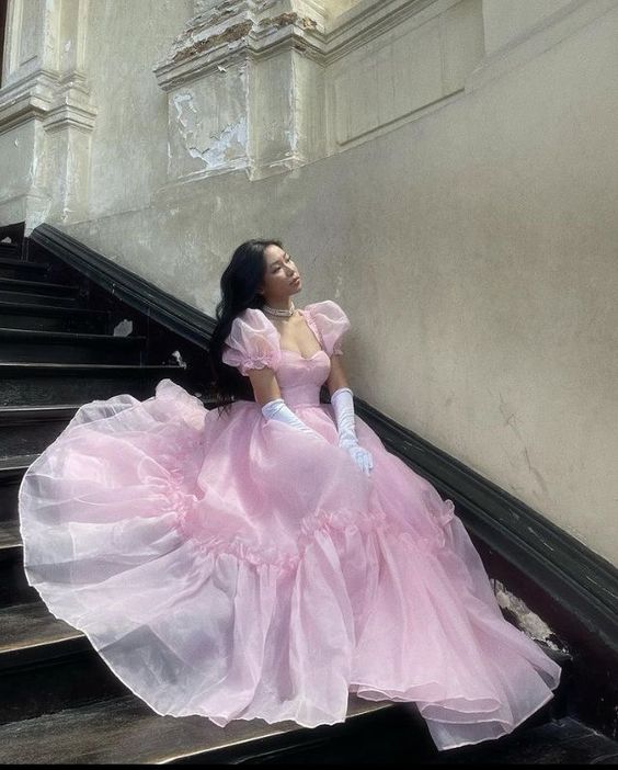 Robe de bal trapèze rose vintage, robe princesse rose fg5427