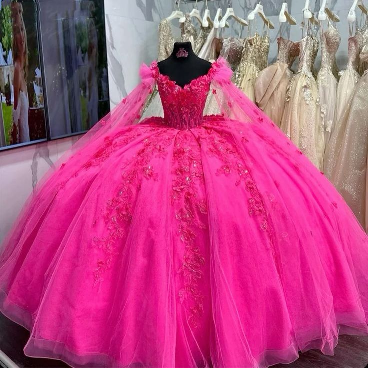 3D Flower Appliques Quinceanera Dresses Luxury Beads Cape Sleeve Prom Ball Gowns Puffy Princess Dress fg7503