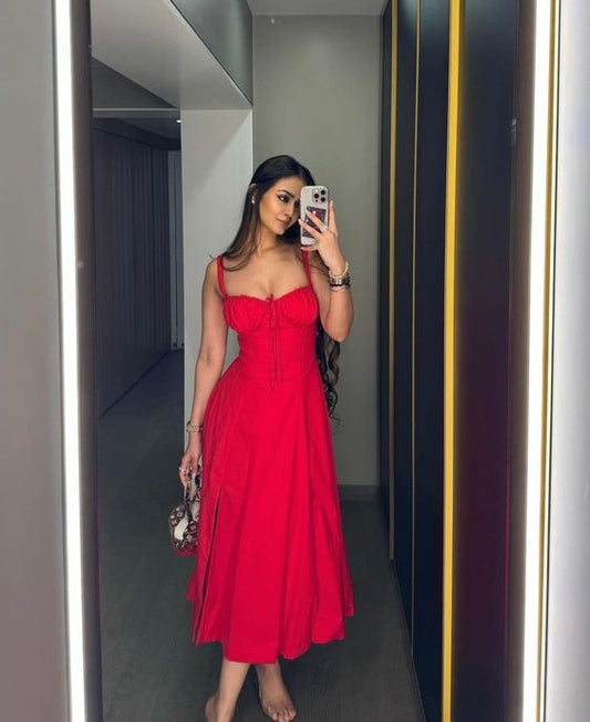 Robe mi-longue élégante et sexy à bretelles spaghetti, tenue de soirée rouge, fg6795