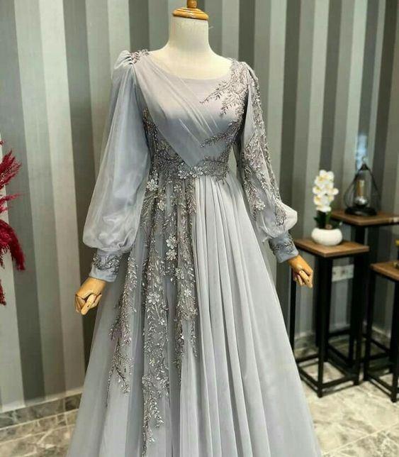 Elegant Muslim Evening Dress Long Sleeves Appliques Special Occasion Party Dress fg6679