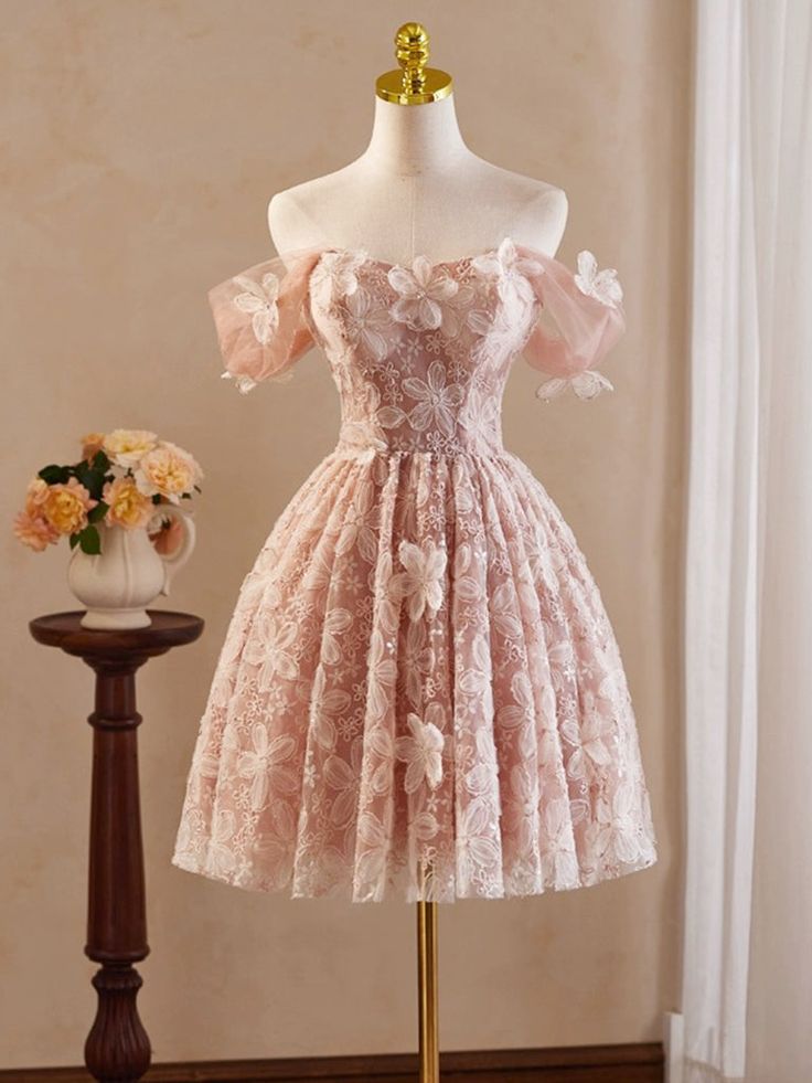 A-Line Off Shoulder Tulle Lace Short Prom Dress, Homecoming Dress fg5961