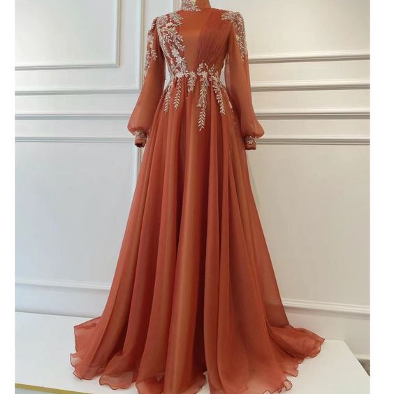 Long Sleeve Prom Dresses, High Neck Prom Dresses, Appliques Evening Dr   formalgowns