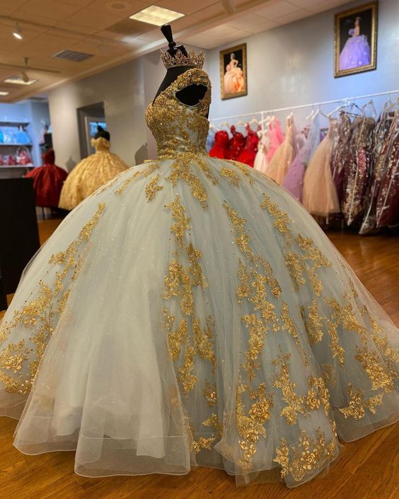 Sky Blue Sexy V-Neck Ball Gown Luxury Beaded Gold Applique Quinceanera formalgowns Sky Blue Sexy V-Neck Ball Gown Luxury Beaded Gold Applique Quinceanera formalgowns