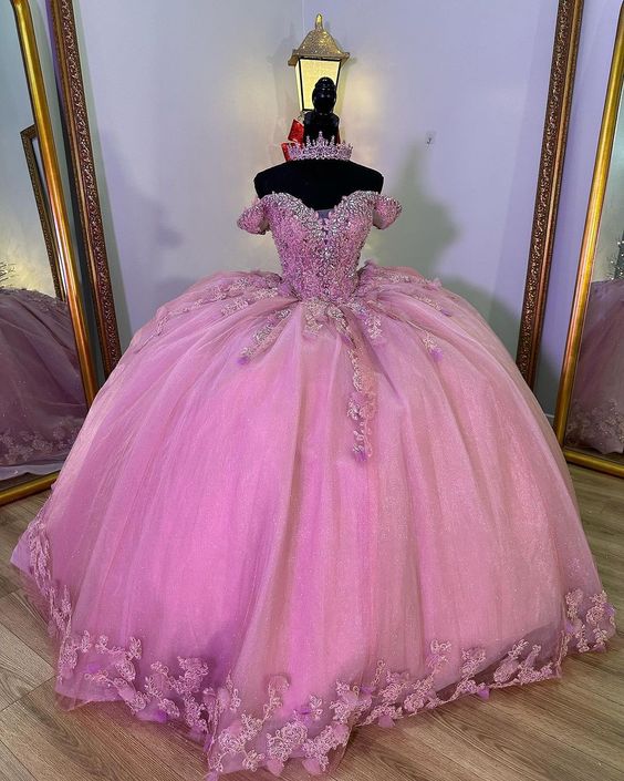 Pink Off The Shoulder Beading Crystal Quinceanera Dresses Ball Gown 3D Flowers Appliques Lace Sweet 15 Vestidos De XV Años fg5682