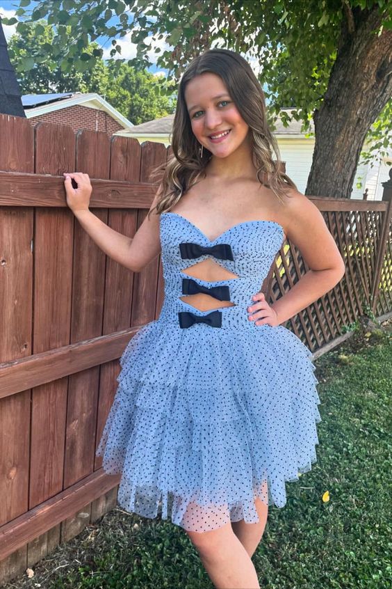 Strapless Black Dot Tulle Ruffle Homecoming Dress with Bow fg6159 formalgowns Strapless Black Dot Tulle Ruffle Homecoming Dress with Bow fg6159 formalgowns