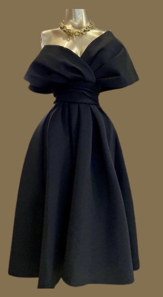 Superbe robe de cocktail en satin plissé pour femme, sexy, col en V, épaules dénudées, robe de bal princesse fg6029