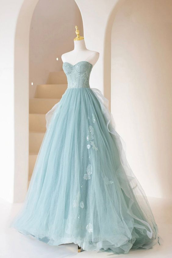 Süßes trägerloses langes Ballkleid aus Tüll, A-Linie, formelles Abendkleid aus Spitze fg5441
