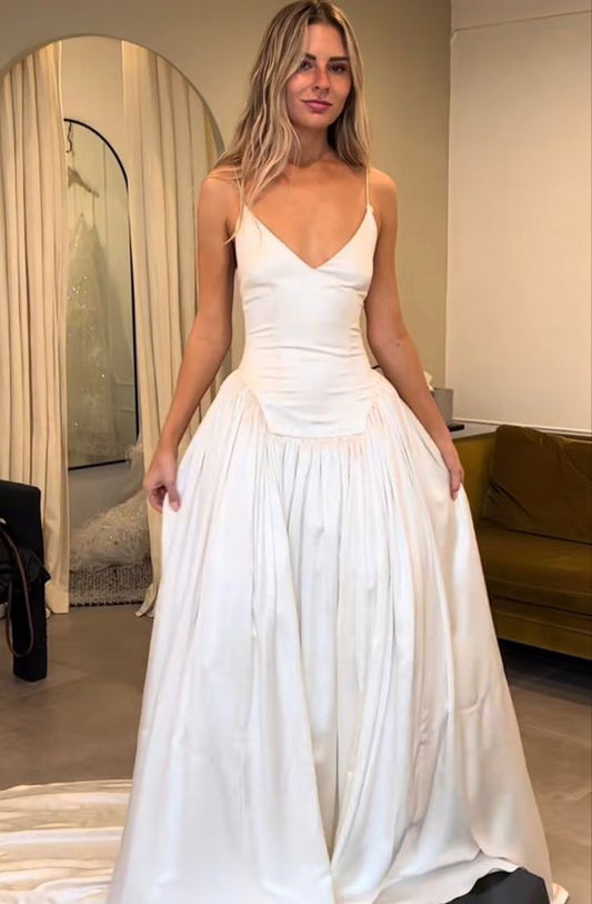 Robe de mariée trapèze longue à col en V pour femme, fg6274