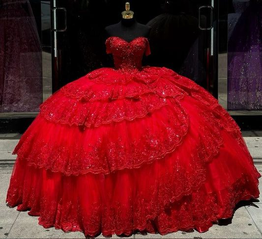 Robe de Quinceanera rouge de luxe avec appliques en dentelle et perles de cristal, robe de bal Sweet 16/15, fg6302