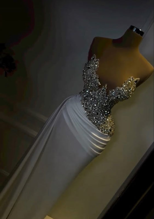 Robe fourreau blanche sexy avec diamants, robe de soirée fg6777