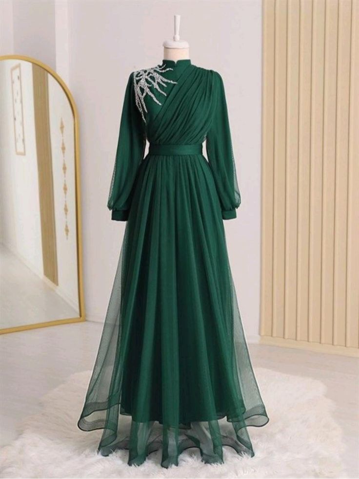 Tulle Beaded Muslim Evening Dresses Long Sleeve Formal Party Prom Gown High Neck Dress fg5971